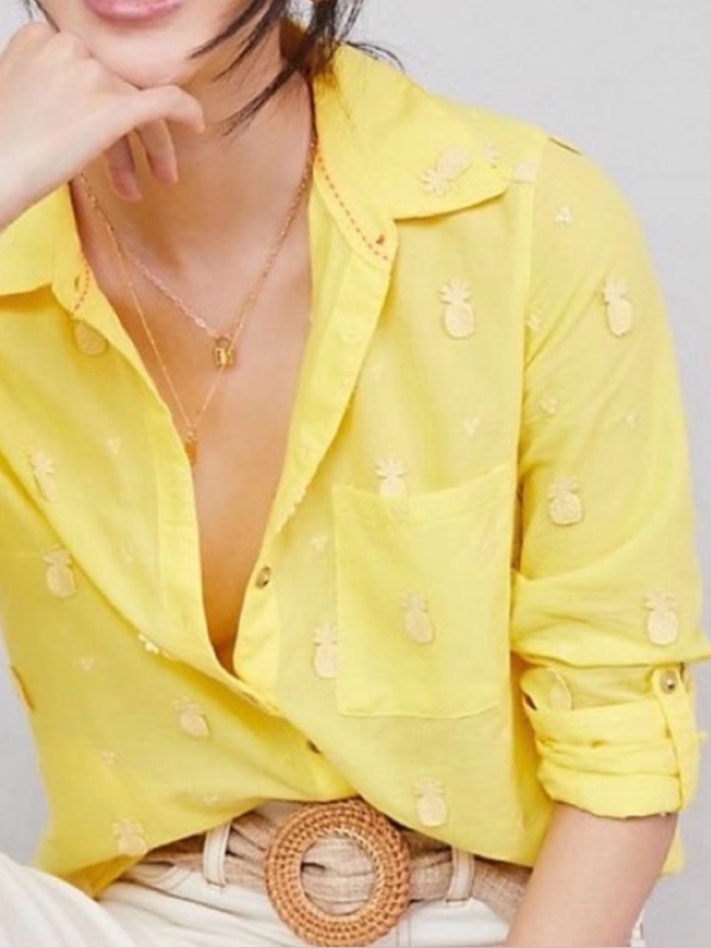 Anthropologie | Maeve | Bright Yellow Pineapple Button-Down Shirt | Size 8